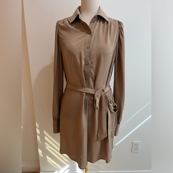 BCBG MaxAzria Long Sleeve Silk Shirt Dress in Mocha - Picture 1 of 7